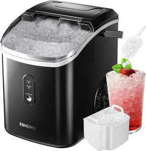 EUHOMY Nugget Ice Maker Countertop with Handle, Ready in 6 Mins, 34lbs/24H, Removable Top Cover, Auto-Cleaning, Portable Sonic Ice Maker with Basket and Scoop, for Home/Party/RV/Camping. (Black)