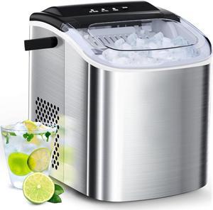 Stainless Steel Ice Maker Countertop, 26Lbs/24H, 9 Cubes Ready in 6-8 Mins, Self-Cleaning Portable Ice Maker with Handle, for Home/Office/Bar (Silver)