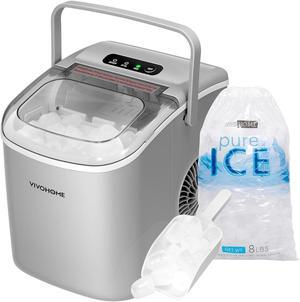 Electric Portable Compact Countertop Automatic Ice Cube Maker Machine with Handle Hand Scoop 10 Ice Bags and Self Cleaning Function 26lbs/day Silver