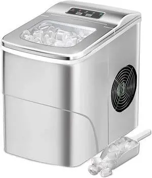 SMETA Bullet Pebble Ice Maker Machine Countertop, Chewable Nugget Ice Chip Maker Crushed Ice Machine Soft Chewy Ice Cubes Quick in 6-10mins, 26lbs/24H with Ice Scoop for Gift, Stainless Steel Silver