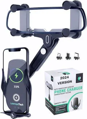 2in1 Rear View Mirror Phone Holder + Wireless Car Charger 360 Rearview Mirror Phone Mount w/Automatic Clamping and Release, Rotatable & Retractable 15W Fast Wireless Charger for Car
