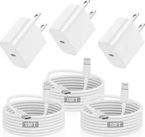 3Pack 10ft iPhone Charger Fast Charging Block,MFi Certified Type-C Wall Plug and USB C to Lightning Cable Cord Long,Apple Charger Power Adapter Cube Brick Box for iPhone 14 Pro/13 Pro Max/12 Min/12/11