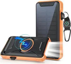 Solar Power Bank Real Rated 10 000mAh Portable Wireless Fast Charger USB-C PD 20W External Battery Pack with LED Flashlight for Outdoor Camping -Orange