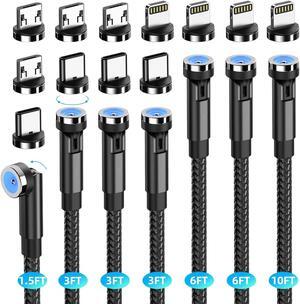 7-Pack 1.6FT/3FT/3FT/3FT/6FT/6FT/10FT 540 Rotating Magnetic Phone Charger 3 in 1 Magnetic Cable Nylon Braided USB Charger Cable for Micro USB/Type C/iProduct Device - Black