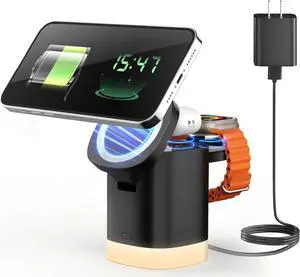 JoyGeek 3-in-1 Charger Stand for Magsafe: Foldable Wireless Charging Station with Night Lights - Magnetic Charger Dock for iPhone 15/14/13/12 Pro/Max/Plus, , Apple Watch 2-9/Ultra (Black)