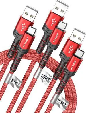 JSAUX USB-C Cable 3.1A Fast Charging, 3-Pack (10ft+6.6ft+3.3ft) USB A to Type C Charge Cord Compatible with Samsung Galaxy S21 S20 S10 S9 S8 Note 20 10, iPhone 15/15 Pro Max, PS5, USB C Charger(Red)