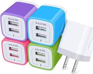 5Pack USB Wall Charger, Charger Adapter, AILKIN 2.1Amp Dual Port Quick Charge Plug Cube for iPhone 14/13/12/SE/11 Pro Max/8/7/6S/6S Plus/6 Plus/6, Samsung Galaxy, Moto, Kindle Fire Charging Box Block