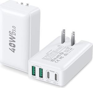 USB C Charger Block, Excgood 40W 4-Port Flat USB Wall Charger Adapter Multiport Dual PD+QC Foldable Slim Fast Charging Plug Compatible for iPhone 15 Pro Max 14 13 iPad Watch S9 Galaxy S23,2Pack White