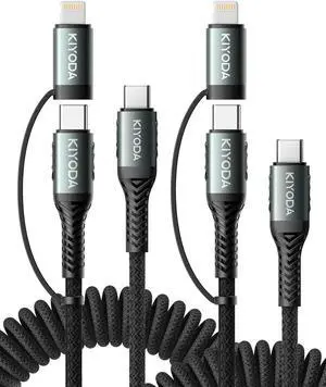 Coiled USB C to Lightning Cable 3FT, 2 in 1 iPhone 15 Charger Cord for Car Nylon Braided Multi Type C to TypeC Fast Charging Cables for iPhone 15 14 13 12 11 iPad, Samsung Galaxy Sony - 2Pack