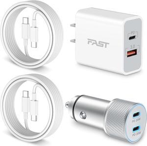 for iPhone 16/15 Car Charger Fast Charging, 20W USB C Wall Charger Block + 2X 6FT USB-C to C Cable + 40W USB C Car Charger Adapter for iPhone 16/16 Plus/16 Pro Max/15/15 Pro Max, Pad, Galaxy