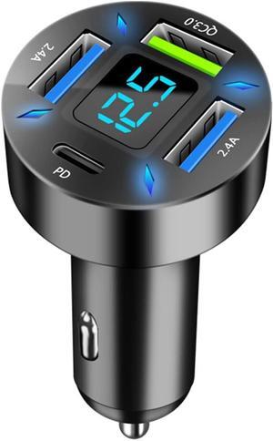 GemCoo 4 Port USB Car Charger Adapter 50W PD & QC3.0 USB 2.4A Cigarette Lighter USB Charger with LED Voltmeter Fast Charger Compatible with iPhone, Android, Samsung, iPad Pro
