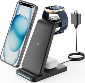 Wireless Charger for Fitbit Charging Station - GEEKERA 3 in 1 Phone Charger Stand for Fitbit Watch Sense 2/Sense/Versa 4/3, iPhone, Samsung, Google Pixel Phones, Androids,  3/2