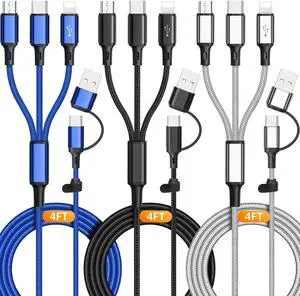 3Pack Multi 6 in 1 Fast Charging Cable 4FT/1.2M Quick Charge Cord Nylon Braided USB A/C to Type C+Micro USB+i-Product Connector Sync Adapter for Phone/Android/Tablets