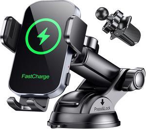 Wireless Car Charger, Auto Clamping Car Phone Holder Charger, 15W Fast Charging Phone Mount for Dash Windshield Vent for iPhone 16 15 14 13 12 11 Pro Max, Samsung Galaxy S24+ S23 Ultra S22 S21+