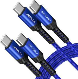 JSAUX 100W USB C to USB C Cable (2-Pack 10FT+10FT), 5A PD USB Type-C Fast Charging Cord Compatible with iPhone 15 15 Pro/15 Pro Max /Air iPad Pro Mini 6 Samsung S23 S22 Z-flip Pixel Blue