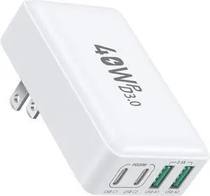 USB C Wall Charger Flat, OKRAY 40W 4-Port QC+PD3.0 Slim USB-C Fast Charging Block with Foldable Plug, Multiport Portable Power Adapter Compatible for iPhone 15/14/13/12/11/iPad, Samsung GalaxyS23 Note
