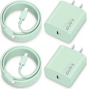USB C Charger, 2-Pack 20W Type C Fast Wall Charger Block Power Adapter for iPhone 15/15 Plus/15 Pro/15 Pro Max, iPad Pro 12.9/11 inch, iPad Air 5/4th, iPad 10th with 6FT USB-C to USB-C Cable (Green)