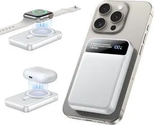 Magnetic Power Bank 12000mAh,3-in-1 Wireless Portable Charger,22.5W PD Fast Charging with LCD Display,Magsafe Battery Pack Compatible with All iPhone 15/14/13/12/iWatch//Galaxy Phones Series