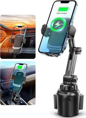 [Upgraded] TOPGO Cup Holder Phone Mount Wireless Charger,Universal Cell Phone Holder Car Charger Wireless-Charger-Cup-Phone-Holder Fast Charging for iPhone11/11 Pro/11 Pro Max, Samsung Galaxy Black