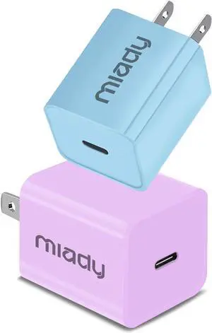 USB C Wall Charger, Miady 2 Pack 2.4A/5V Wall Charger Adapter Compatible for iPhone 14/14 Pro Max/13/13Pro/12/12 Pro, iPad  and More (Creamy Blue+Clove Purple)