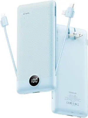 VRURC Portable Charger with Wall Plug and Cables, 10000mAh Power Bank with 22.5W Fast Charging USB Port,4 Outputs Dual Inputs Slim Compact Rechargeable Battery Pack for Smartphones-Blue(1 Pack)