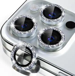 Compatible for iPhone 15 Pro/iPhone 15 Pro Max Camera Lens Protector Bling, 9H Tempered Glass Camera Cover Screen Protector Metal Individual Ring Protector Decoration Accessories, Sliver Glitter