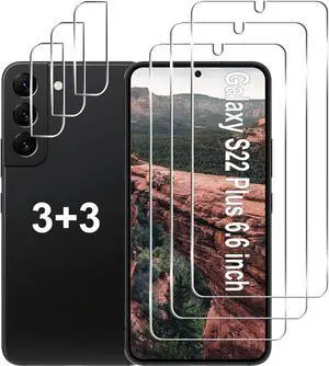 [3+3 Pack] Galaxy S22 Plus Screen Protector + Camera Lens Protector, 9H Tempered Glass, Fingerprint Unlock, Anti Scratch Easy Installation HD Glass Screen Protector for Samsung Galaxy S22 Plus/S22+ 5G