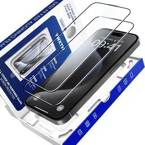 YWXTW Screen Protector for iPhone 15 Pro Max, [Speed X Dust-Free Case] [6 Feet Drop Protection] Full Coverage Case Friendly Tempered Glass [Screen Saver], 2 Pack