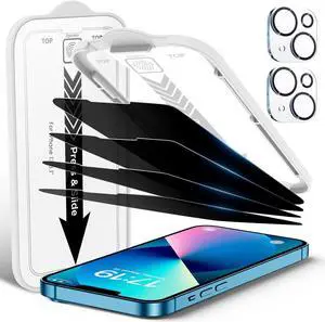4 Pack Privacy Screen Protector for iPhone 13[6.1 inches] With 2 Pack Camera Lens Protector, [Drop Protection] 9H Hardness Scratch Resistant Tempered Glass Film, Easy to install