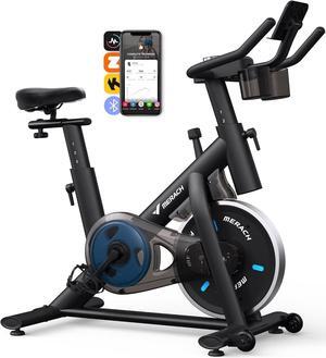 MERACH Exercise Bike, Brake Pad/Magnetic Stationary Bike with Exclusive App, Low Noise Indoor Cycling Bike with 270lbs Weight Capacity, Dumbbell Rack and Free Fitness Courses