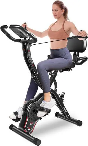 Folding Exercise Bike, 5-in-1 Foldable Stationary Bike Upgraded 16-level Magnetic Resistance 10DB Near-silent Bike Upright Indoor Cycling Bike with 350LB Capacity, Comfortable Seat Backrest