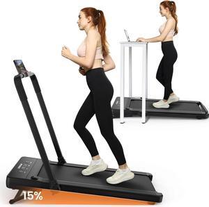 Treadmill with 15% Auto Incline, 2 in 1 Foldable Treadmill with Remote Control, Folding Treadmills for Home Office with HIIT Modes, Incline Under Desk Walking Pad Treadmill