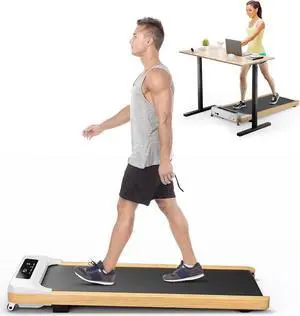 Goplus Walking Pad, Wooden Under Desk Treadmill for Home and Office, Portable Walking Pad Treadmill Under Desk with Remote Control, 15 Preset Programs, LED Display, Installation-Free