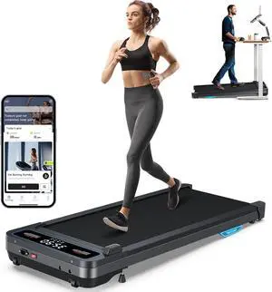 Under Desk Walking Pad Treadmill: [Voice Controlled] Smart Incline Treadmill Works with KINOMAP WELLFIT APP for Home Office - 300Lbs Capacity Quiet Treadmills with LED Screen Remote Control