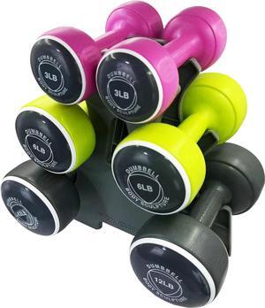 Body Sculpture weights set FreeWeight Dumbbell Set with Rack Set includes 3, 6 and 12 lb weights ideal for men and women for small and large muscle groups