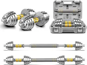 Adjustable Dumbbell Set - 44/66 LBS weights set, Dumbbell Barbell 3 in 1, Steel Dumbbells Pair with Connecting Rod for Adults Women Men Fitness Workout, Home Gym Exercise Training Equipment