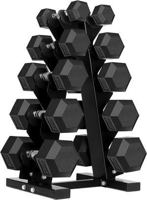 150 Pound Hex Dumbbell Set with Rubber Coated Dumbbells and Rack
