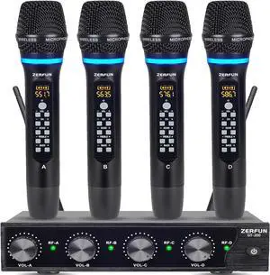 Rechargeable Wireless Microphone System 4 Channel Pro, UHF Metal Handheld Wireless Mics Cordless for Church  Singing with ECHO Treble BASS VOL Channel Control(GT-200)