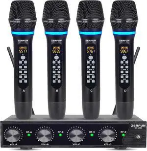 4 Channel Rechargeable Wireless Microphone System, Pro UHF Metal Handheld Wireless Microphones Cordless Mics with Echo Treble BASS VOL Channel Control for  Singing Church(GT-200)