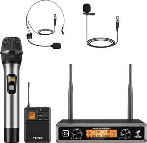 Wireless Microphones System with Metal UHF Headset/Lapel/Lavalier/HandheldMics, Cordless Bodypack Transmitter, Receiver for  Church Singing Party PA DJ Speaker, 2*15 Channels 200ft Range