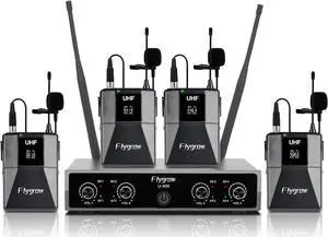Pro UHF 4 Channel Wireless Microphone System with Lapel Lavalier Mics, UHF Bodypack Cordless Lavalier Mic System Set, Auto Scan,Ideal for Home Karaoke Church Meeting,250ft Range(4 Bodypack)
