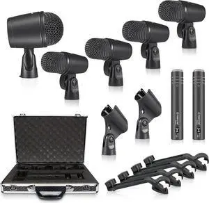 Phenyx Pro Drum Microphone Kit, Drum Mics 7-Pieces, Full Metal Wired Dynamic Drum Mic Set for Bass/Tom/Snare/Hi-hat Cymbals, with Carrying Case + Mic Holder + Thread Drum Mic Clip (PTD-10)