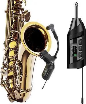 Wireless Saxophone Microphone System, Clip-On Instrument Microphone for Sax and Trumpet, Preset EQ & Echo Level 196 Ft Transmission Rechargeable Compact Transmitter and Receiver 4.5 Hours