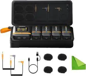 comica Vimo Q Four-Channel Mini Wireless Lavalier Microphone System with 4 Transmitters and 1 Receiver with Charging Case for Phone Video Recording Interview Youtubers Vloggers