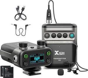 Xvive U5 Wireless Lavalier Microphone System 2.4Ghz Dual Channel with LV1 Lavalier Mic for DSLR Camera,Digital Camera,Recorder,Smart Phone for Recording YouTube TikTok Vlogging