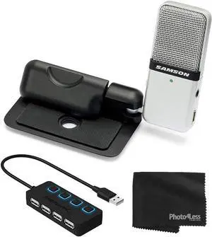 Samson Go Mic Portable Clip-on USB Condenser Microphone (Titanium)- USB 2.0 Hub with Individual LED lit Power Switches + Cleaning Cloth  Deluxe Bundle Great for Podcasting and Field Recording