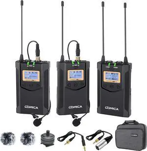 Wireless Lavalier Microphone, with Carrying Bag,Comica CVM-WM100 PLUS UHF 48 Channels Dual Lapel Microphone System for DSLR Cameras, XLR Camcorder, Phone, Lav Mic for Interview Youtube Video Shotting