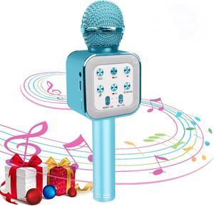 Wireless  Microphone, Bluetooth Music Player with LED Light, Portable Live Stream Singing Microphone, Birthday for Kids Adults (Blue)