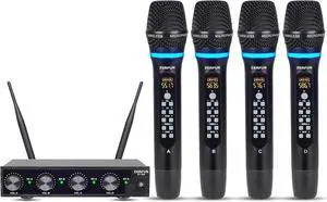 Pro Rechargeable Wireless Microphone System 4 Channel, UHF Metal Handheld Wireless Microphones Cordless Mics with Echo Treble BASS VOL Channel Control for  Singing Church(GT-200)