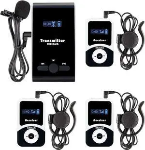 EXMAX EX-100 Wireless Tour Guide Monitoring Acoustic Audio Voice Transmission System Microphone Earphone for Church Translation Simultaneous Interpreting Teaching Worship (1 Transmitter 3 Receivers)
